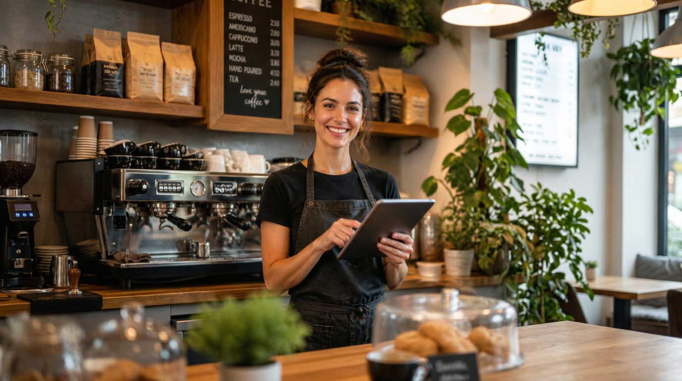 Cafe owner smiling behind her counter while checking her tablet