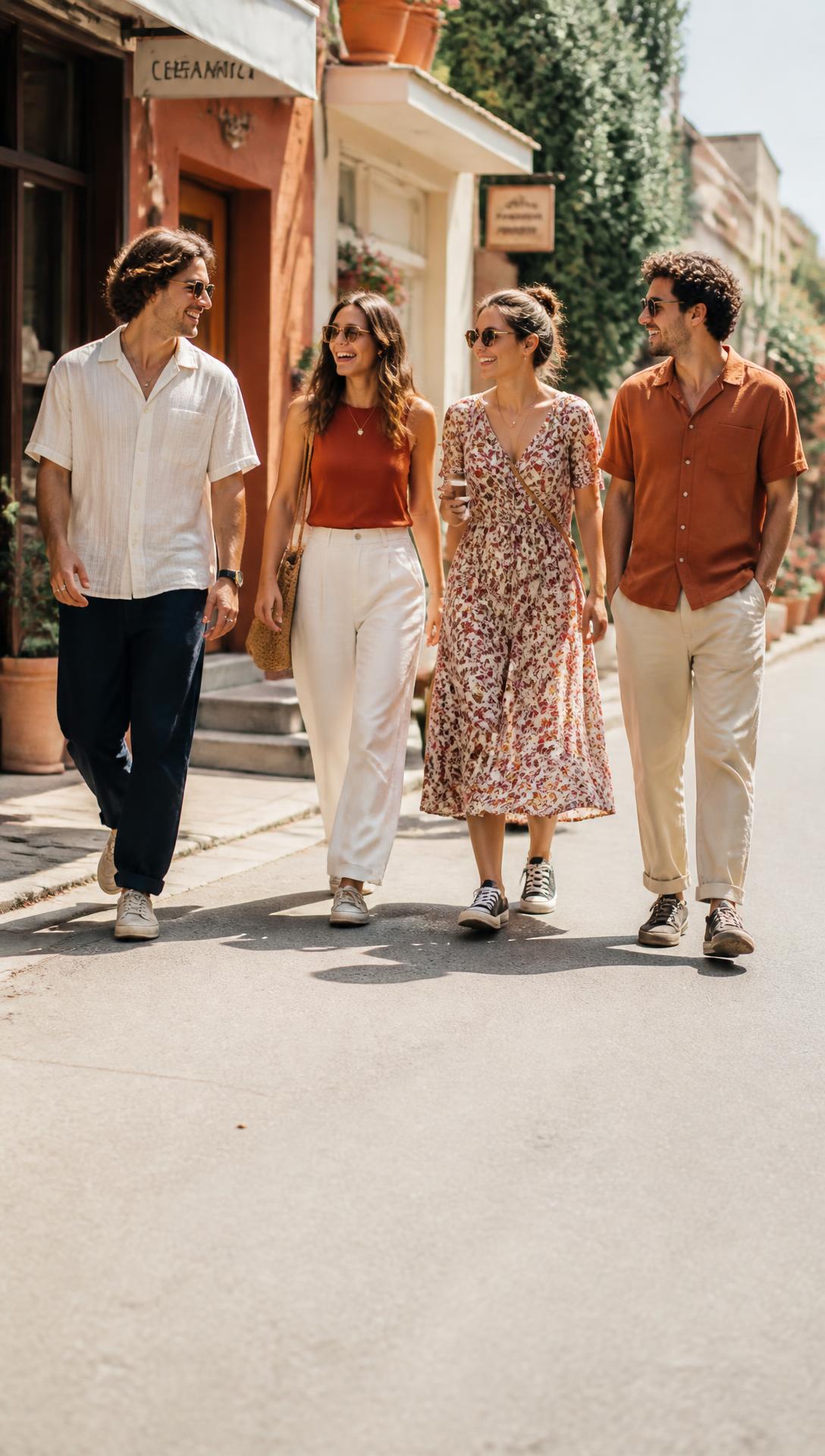 A small group of friends walking a sunny neighbourhood street past local shops