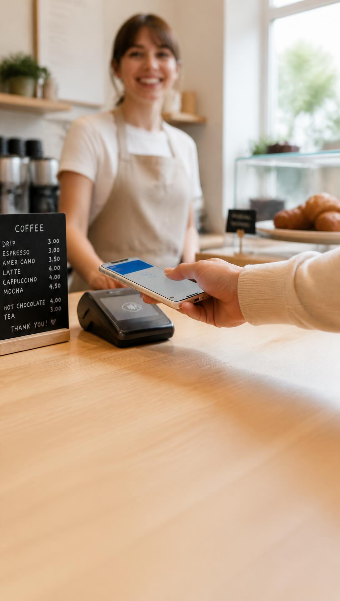 A hand tapping a phone on a contactless card reader at a cafe counter