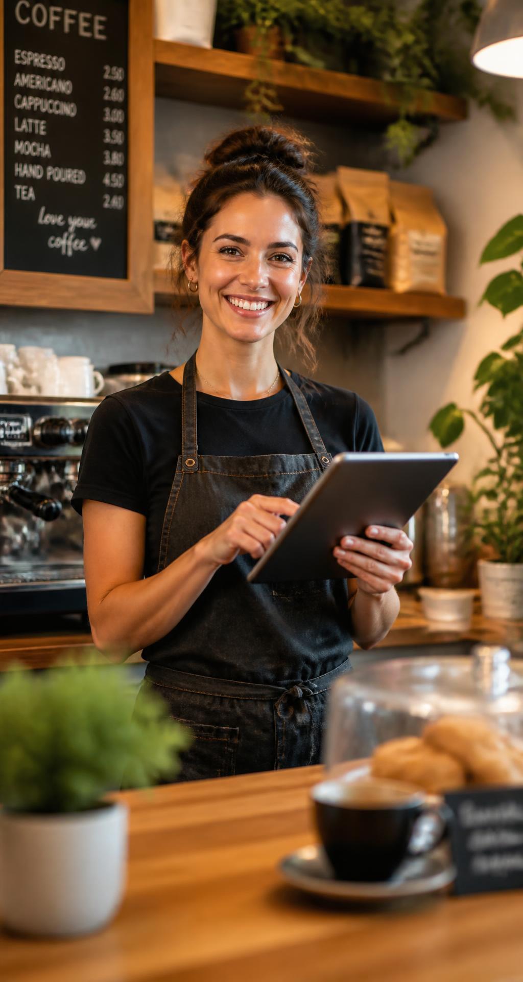 A cafe owner serving a customer at the counter