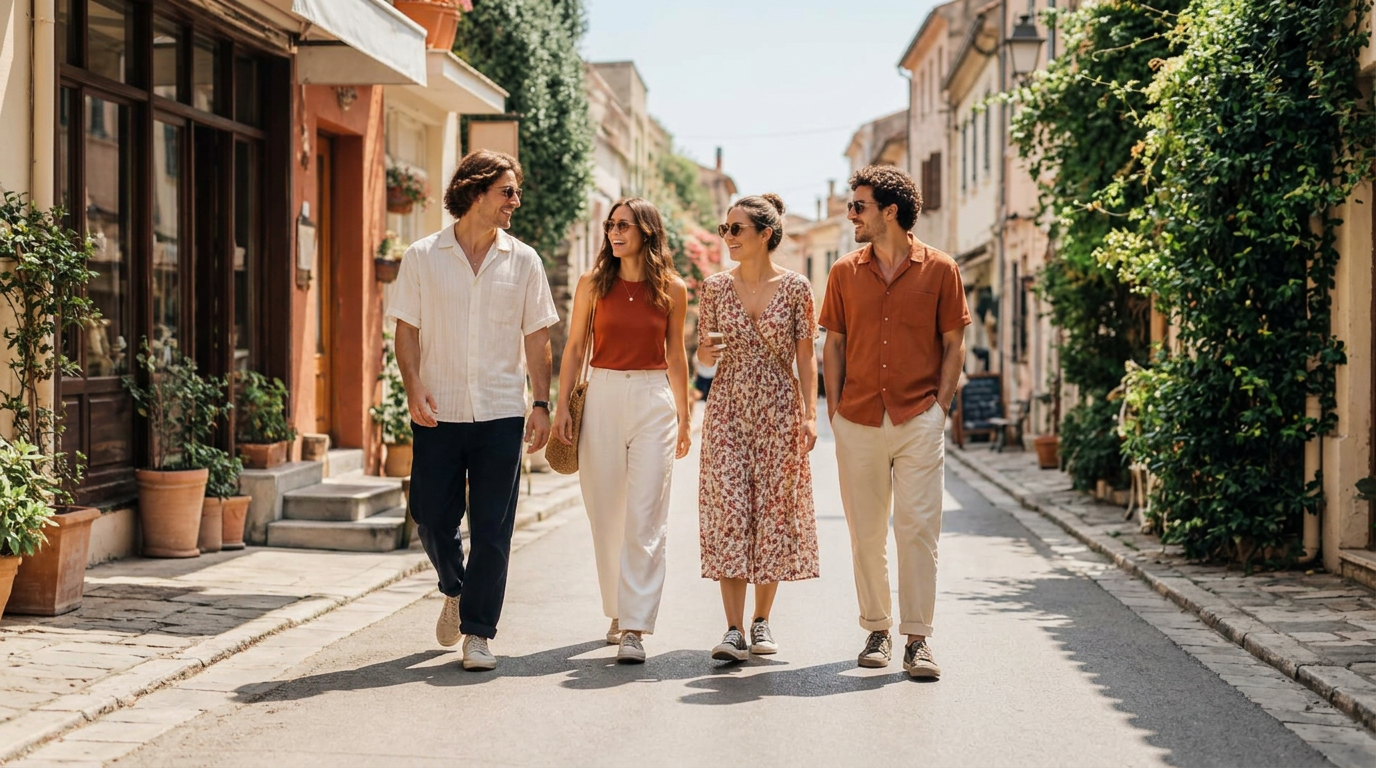 Four friends walking together down a sunlit neighbourhood street